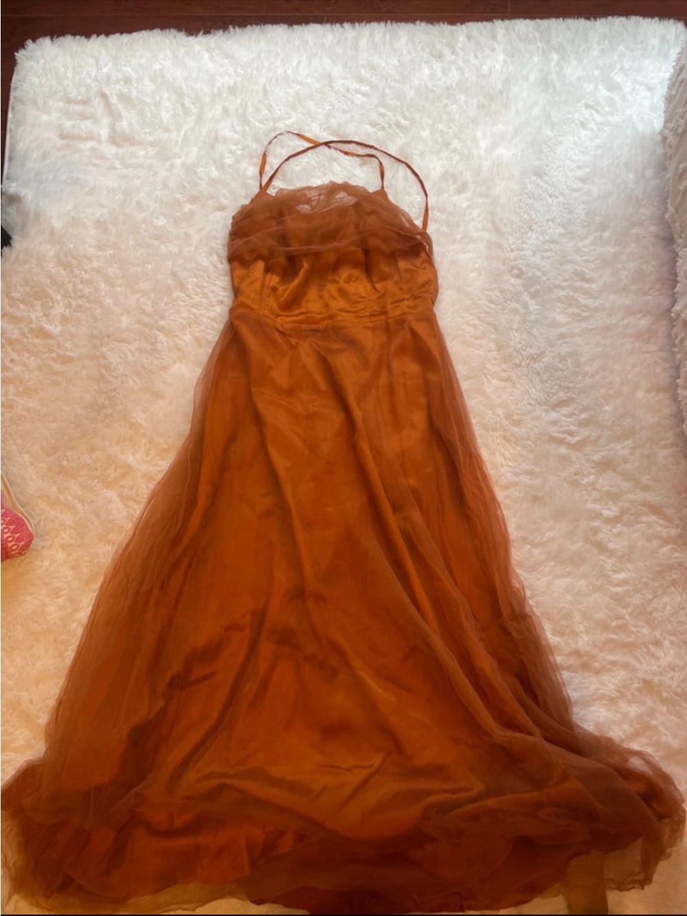 RIHOAS Rust Orange Spaghetti-Strap Tulle Gown